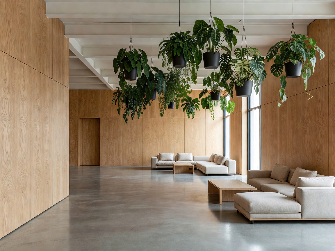 Clean open-plan studio interior designed with modern wood textures and suspended aroids
