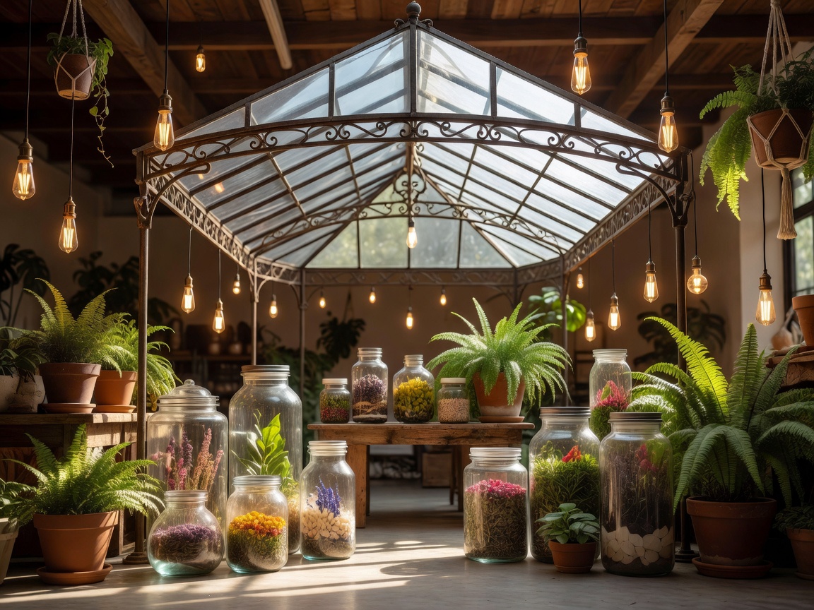 Interior view of The Glass Canopy studio styled with glass jars, warm lights, and ferns