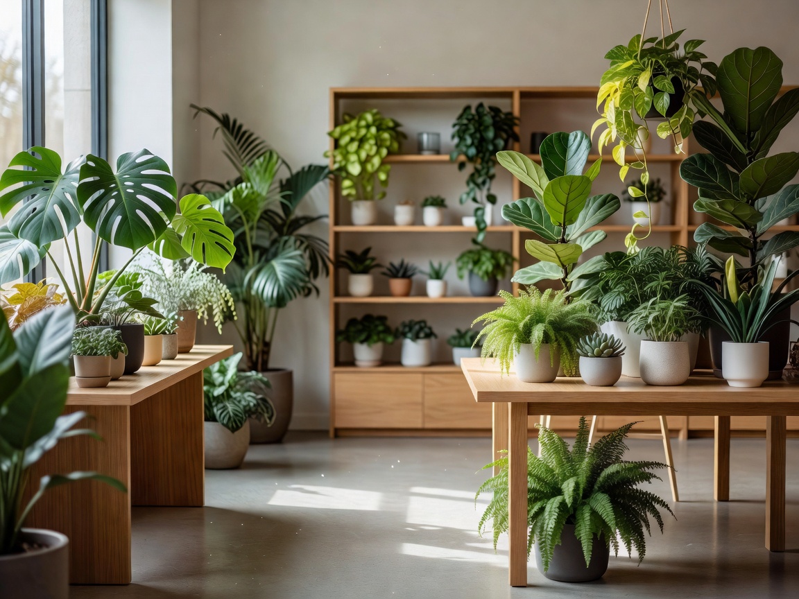 Exquisite indoor plant shop with large window light and modern wooden layout tables