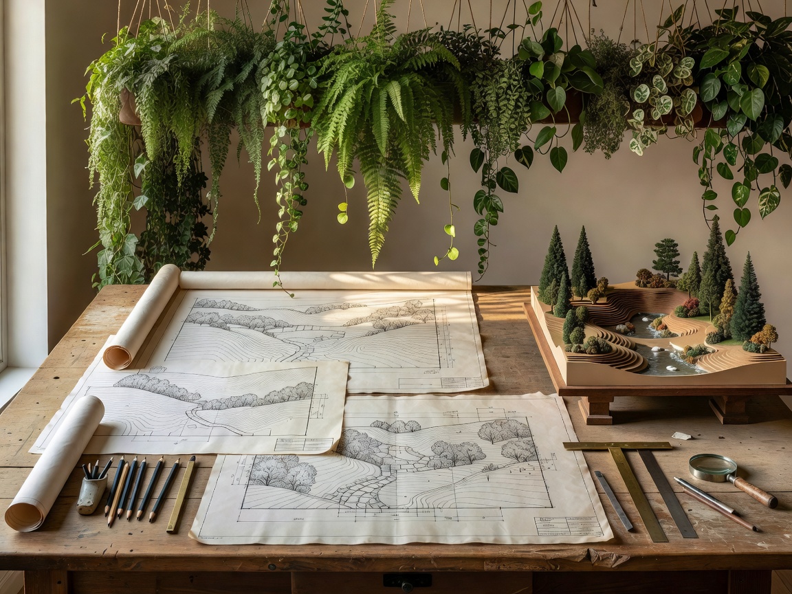 Landscape architect drafting workspace with hanging foliage overhead and blueprints