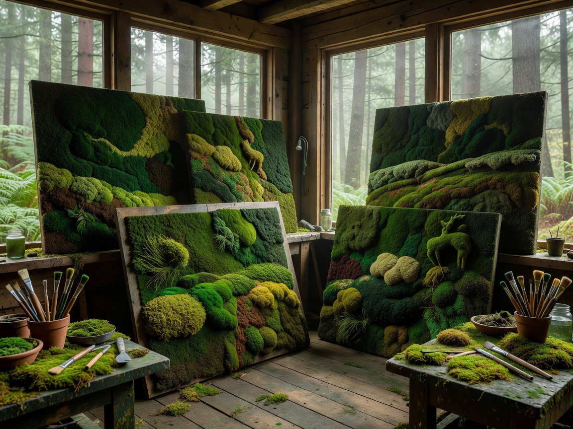 A quiet forest studio style workshop displaying large moss art paintings