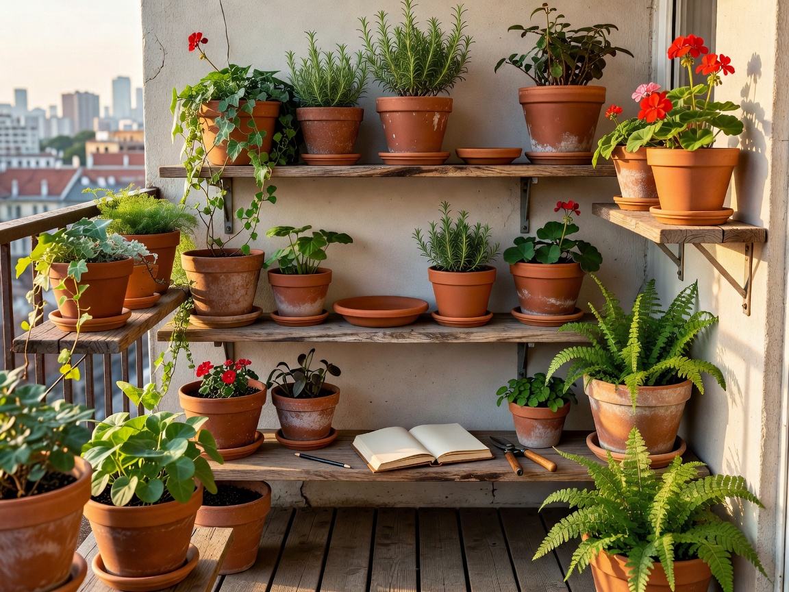 A tiny city balcony designed with layered wood shelves and diverse terracotta planters