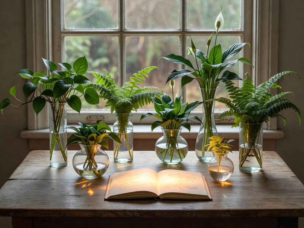 Delicate glass vessels filled with lush indoor foliage on a rustic window table