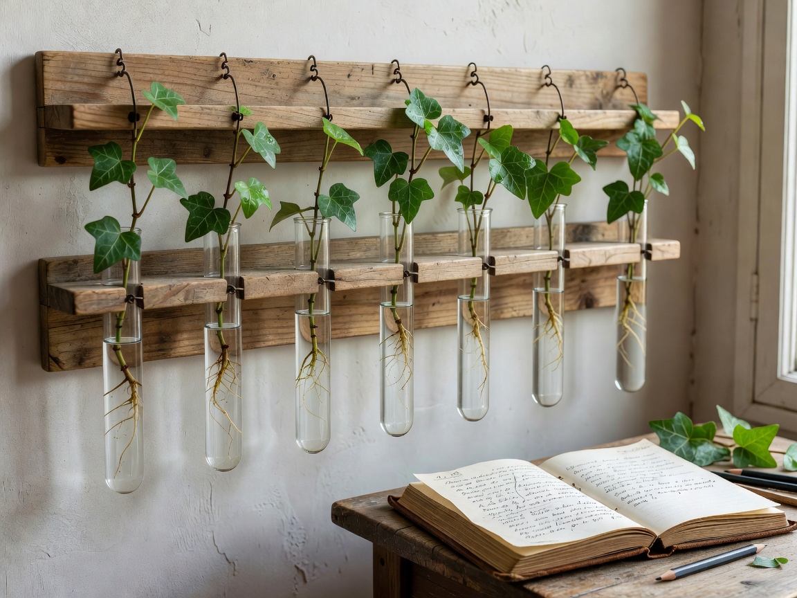 Glass test tubes suspended on wall racks filled with propagating ivy cuttings