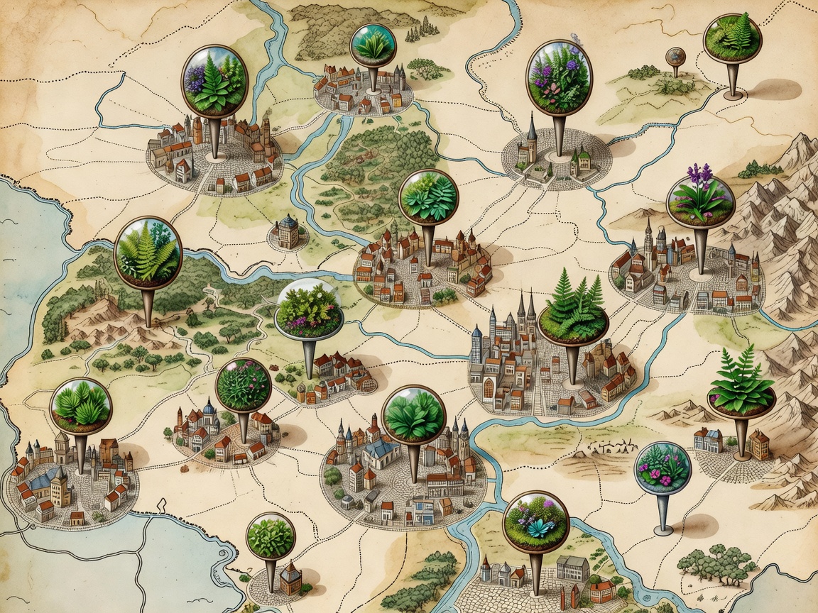 Mock map illustration showcasing urban centers and botanical studio locations with custom pins