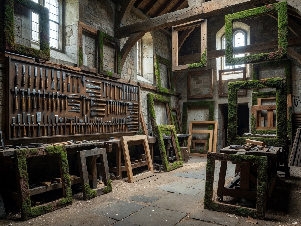 Wide view of beautiful high-ceiling workshop filled with moss-covered frames and custom tools