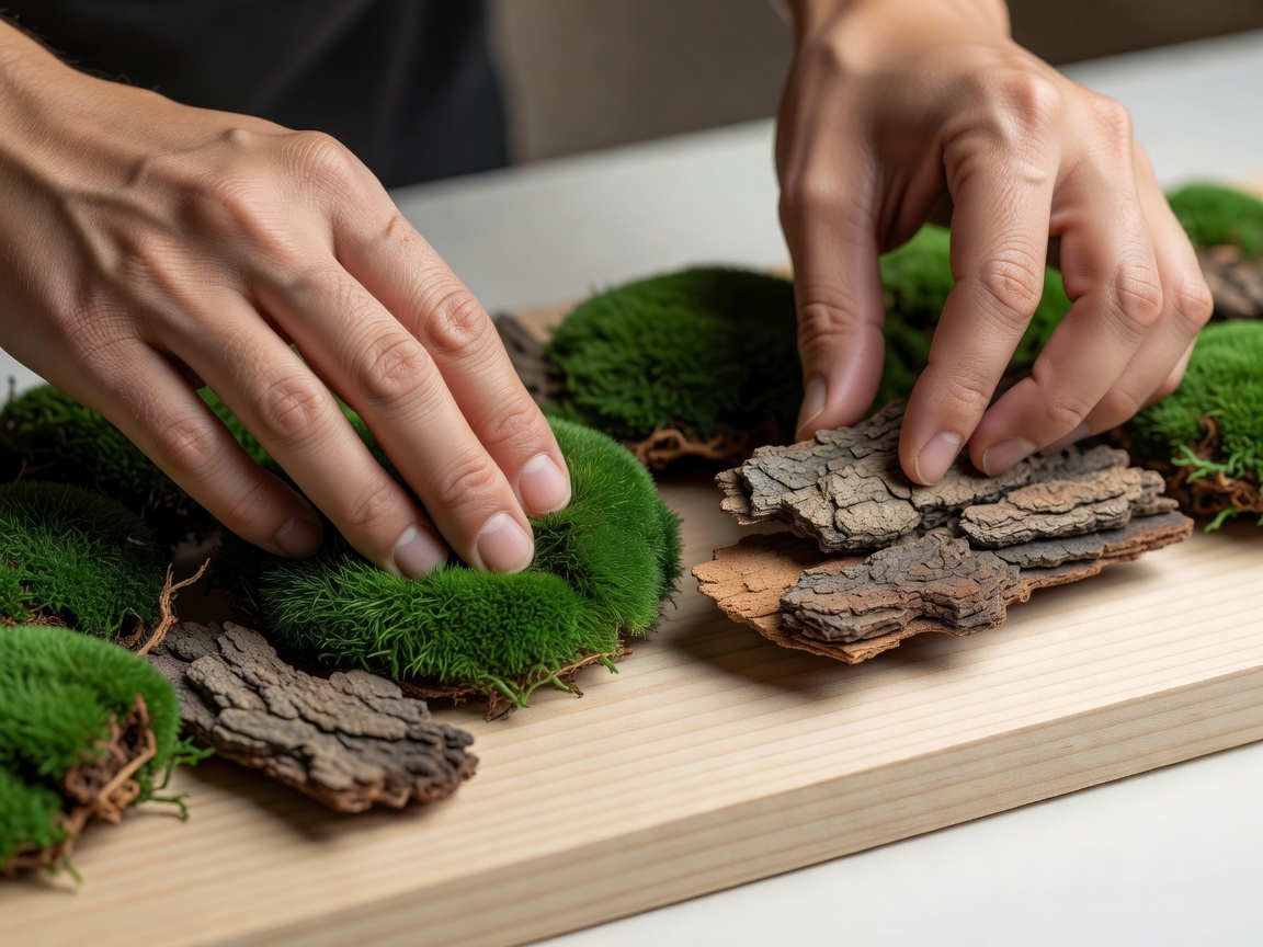 A clean close-up shot of hands carefully preparing preserved moss and bark onto wood