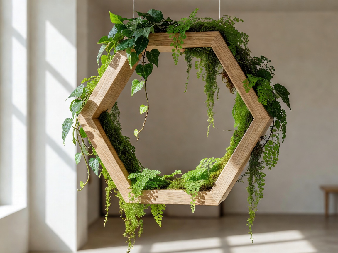 Finished geometric natural frame featuring lush greens hanging elegantly in bright light