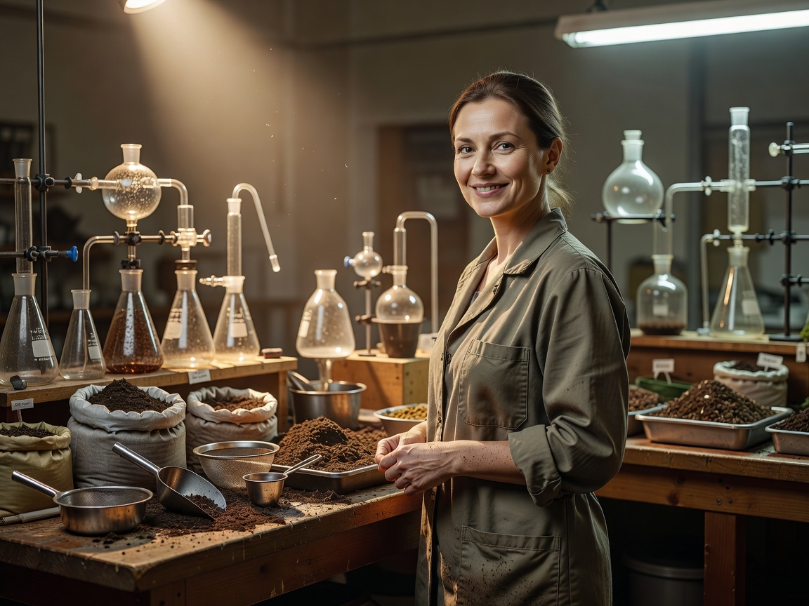 Expert botanist Elena Rostova smiling in front of custom-made glassware and soil mix stations